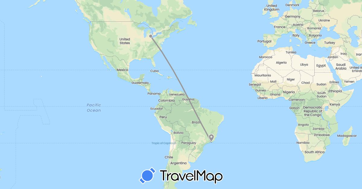 TravelMap itinerary: driving, plane in Brazil, United States (North America, South America)